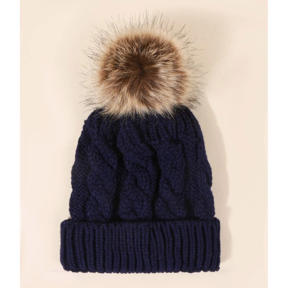 Navy Blue Cable Knit Beanie Hat Faux Fur Pom Pom   100% Acrylic - Picture 3 of 11